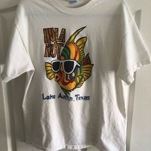 Vintage white tee. Merch from the Hula Hut bar.